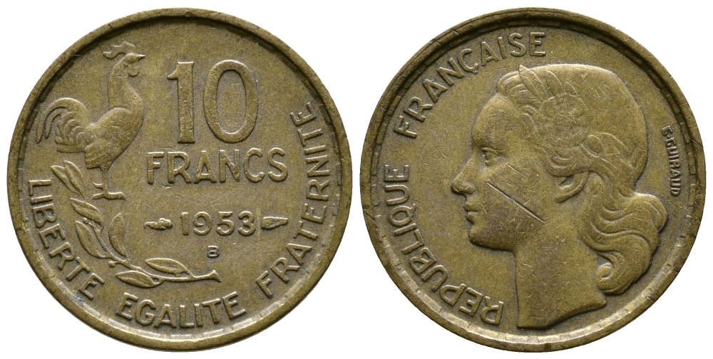 Франция 10 франков 1953 B, петух KM 915.2, Le Franc 363.9 алюминиевая бронза 91-211