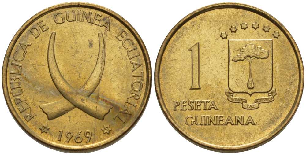 Экваториальная Гвинея 1 песета 1969 республика, диаметр 19,5 мм. KM 1 алюминиевая бронза UNC 4398-433
