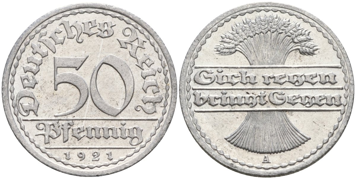 Германия 50 пфеннигов 1921 A KM 27, J.301, Weege 10 алюминий UNC 4584-825