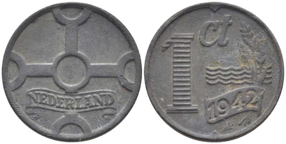 НИДЕРЛАНДЫ 1 ЦЕНТ 1942 ВИЛЬГЕЛЬМИНА (1890-1948) KM 170 цинк 206-1153