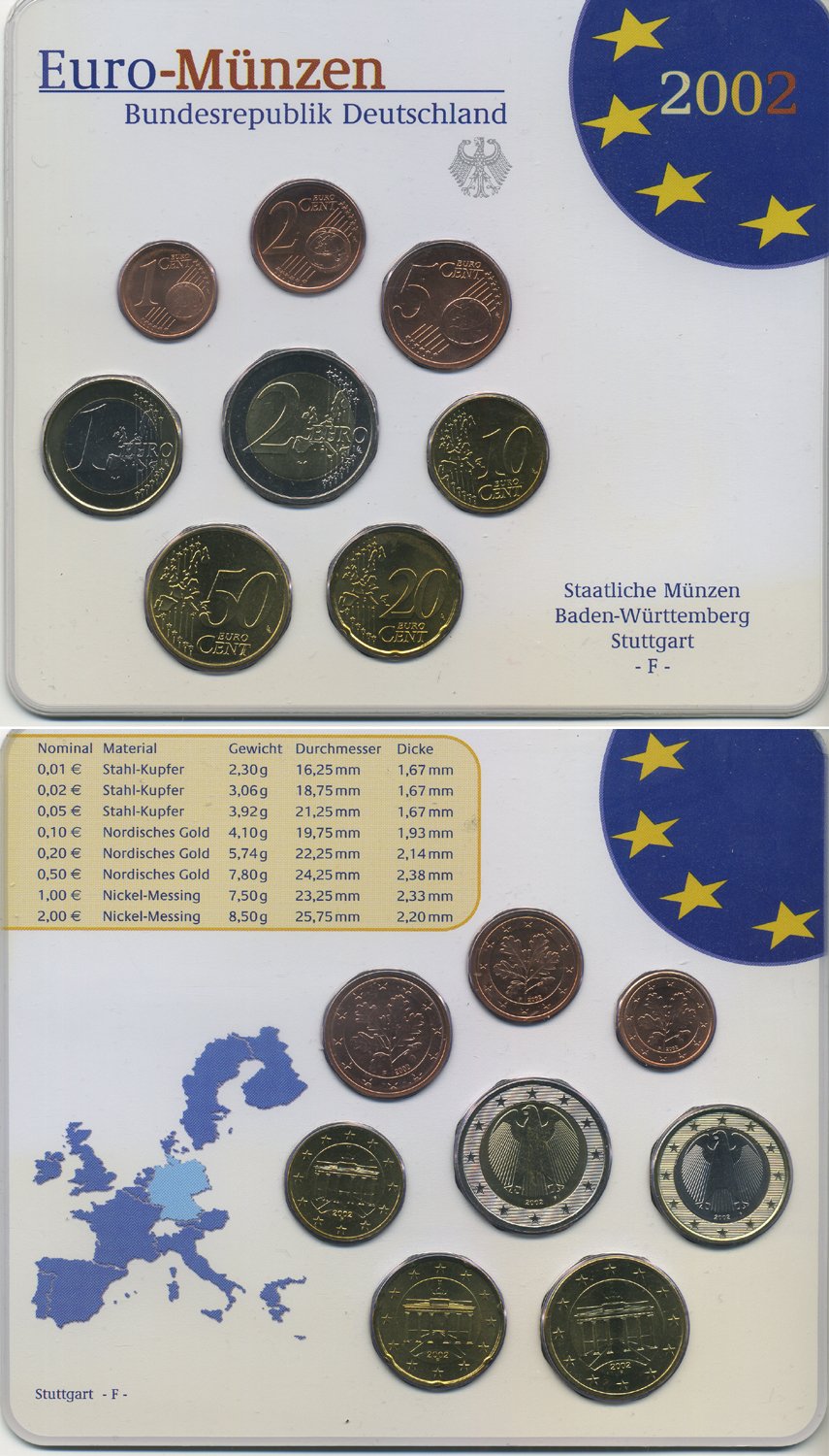 ФРГ евронабор из 8 монет 2002 F, Штутгарт, 1, 2, 5, 10, 20, 50 евроцентов, 1, 2 евро  биметалл  UNC  5-6-2-22