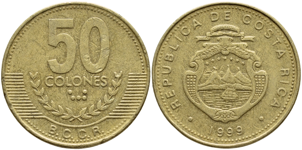 КОСТА-РИКА 50 КОЛОН 1999 B.C.C.R., ГОД ТИП KM 231.1 латунь 63-233