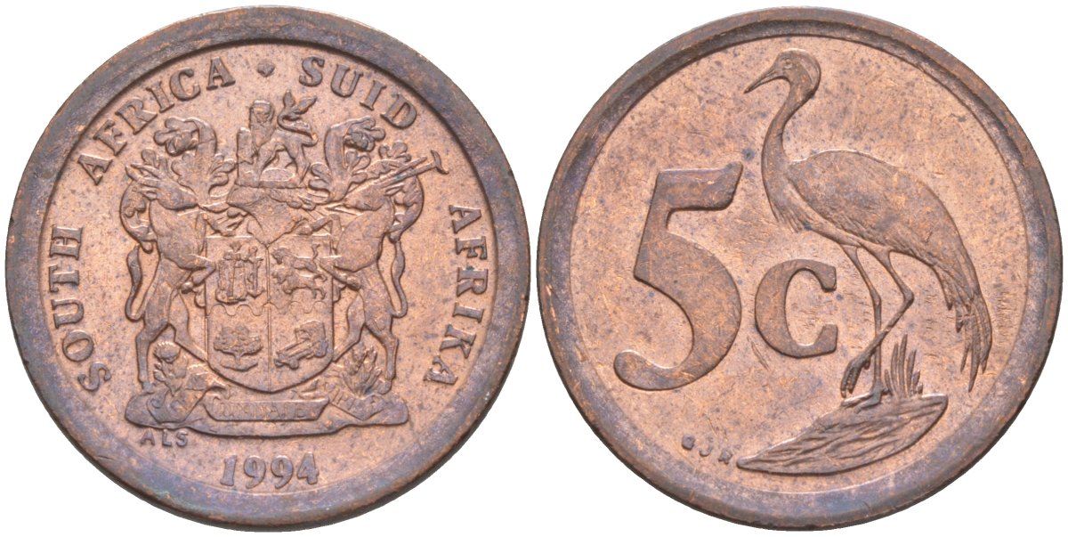 ЮАР 5 центов 1994 РАЙСКИЙ ЖУРАВЛЬ KM 134 сталь плакированная медью 219-1243