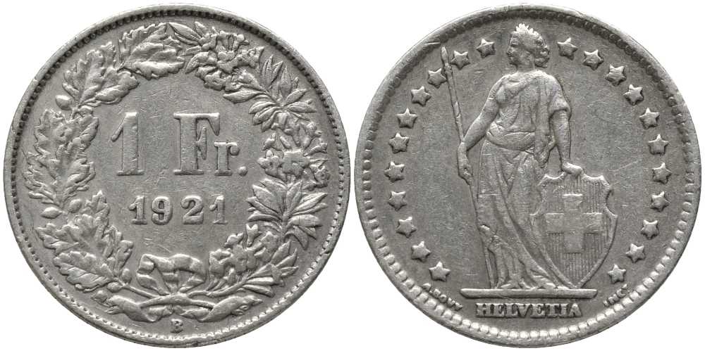 Швейцария 1 франк 1921 B КМ 24 серебро 202-545
