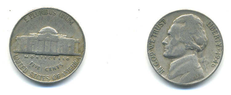 США 5 ЦЕНТОВ 1946 ДЖЕФФЕРСОН KM A192 медно-никель 89-416