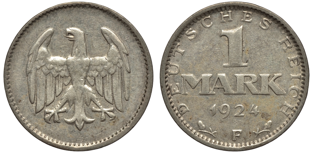 Германия 1 марка 1924 F KM 42, J. 311, Weege 14 серебро 1525-323