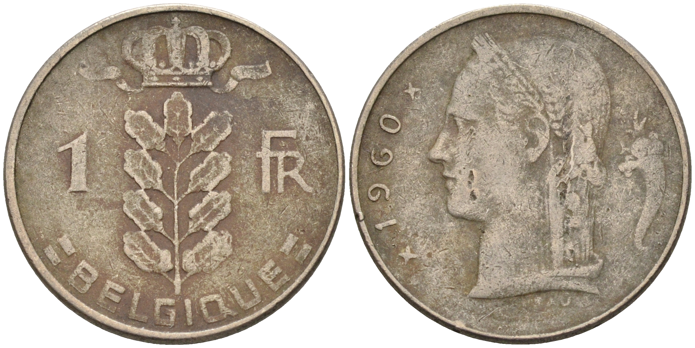 Бельгия 1 франк 1960 BELGIQUE KM 142.1 медно-никель 4592-525
