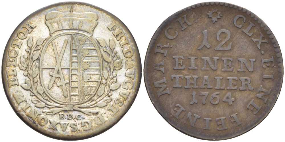САКСОНИЯ 1/12 ТАЛЕРА 1764 EDC, ФРИДРИХ АВГУСТ III (1763-1806) KM 956 (C100) серебро 210-217