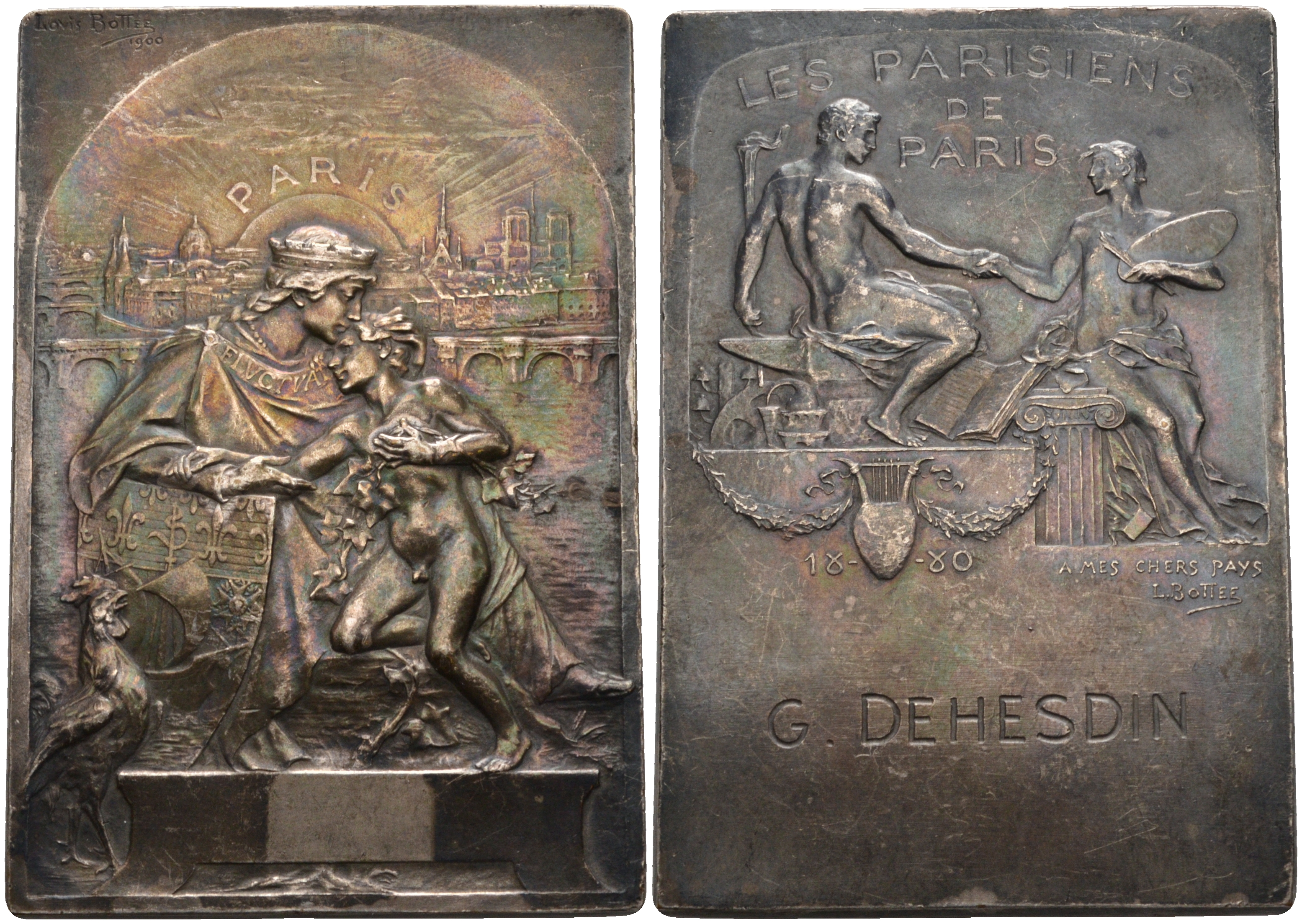 Франция плакетка 1900 Луи Боте, размер 70 Х 48, вес 110,3 гр. посеребренная бронза 00-00