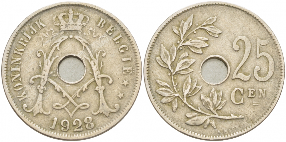 БЕЛЬГИЯ 25 САНТИМОВ 1928 BELGIE KM 69 медно-никель 87-1542
