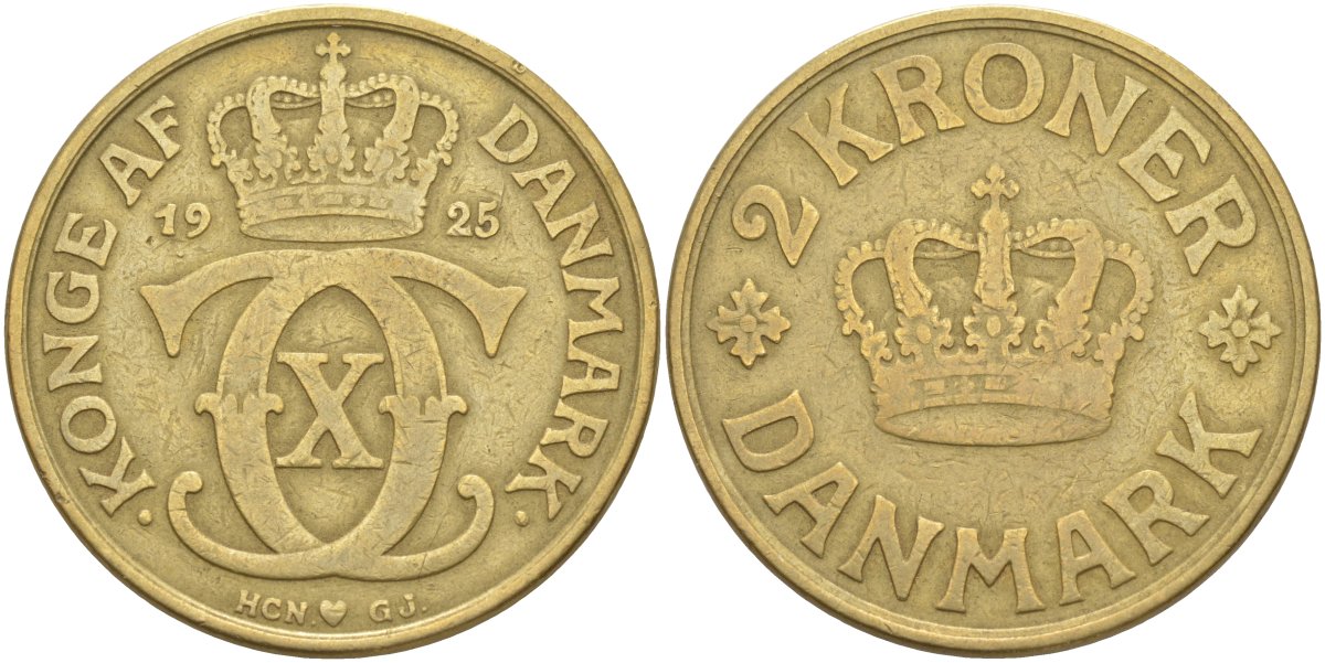 Дания 2 кроны 1925 HCN; GJ, Кристиан X (1912-1947) KM 825.2 алюминиевая бронза 4111-431
