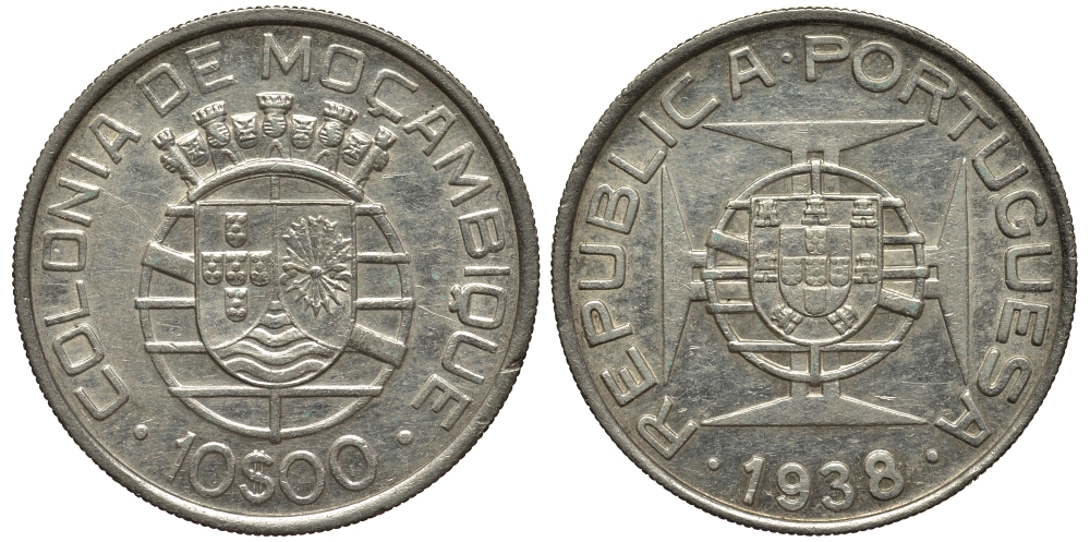 Португальский Мозамбик 10 эскудо 1938 год тип KM 70 серебро 1523-435