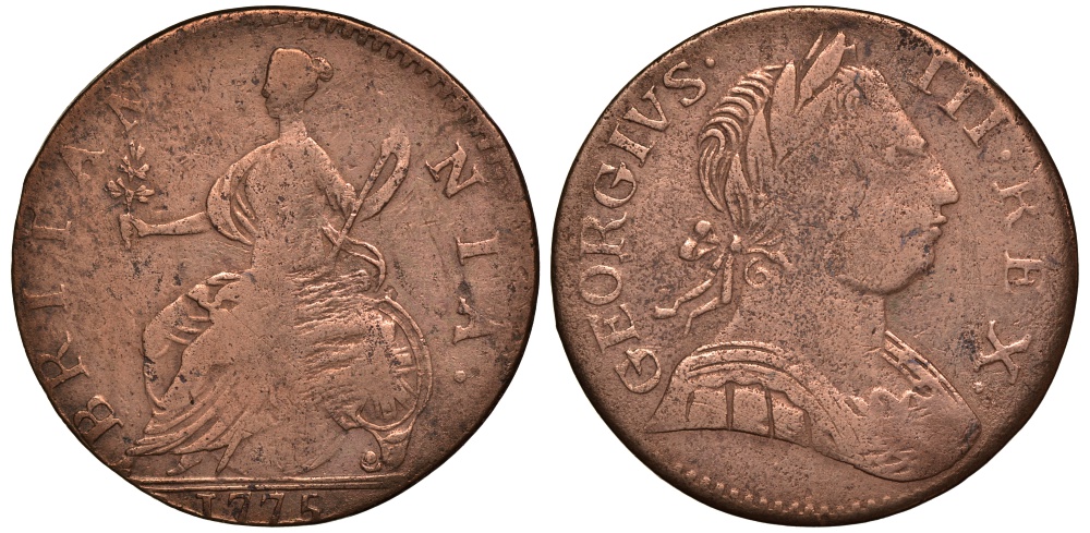 Великобритания 1/2 пенни 1775 Георг III (1760-1820) KM 601, Spink 3774 медь 603-345