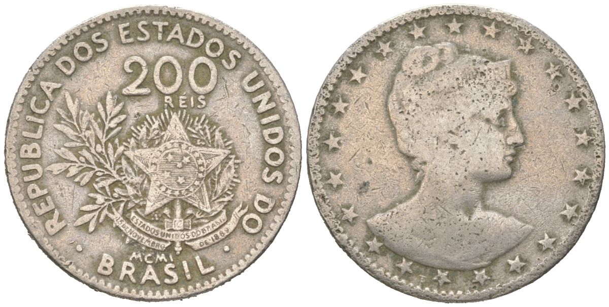 Бразилия 200 реалов 1901 MCMI, голова свободы вправо KM 504 медно-никель 4612-313