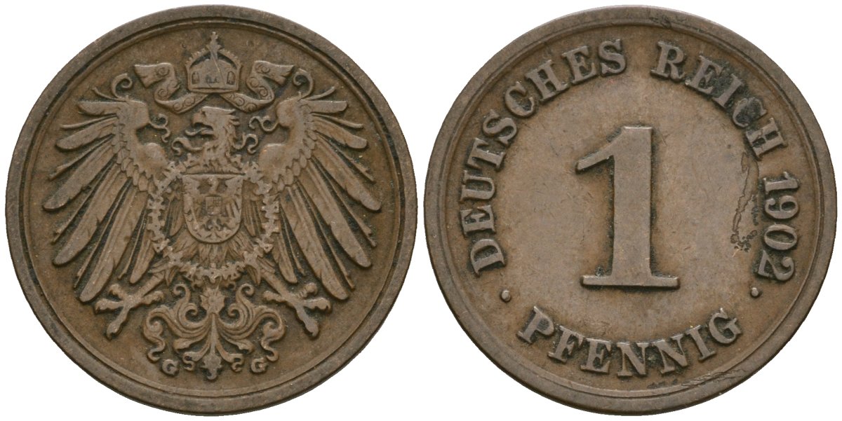 Германия 1 пфенниг 1902 G, Вильгельм II (1888-1918) KM 10, J. 10 медь 1524-621