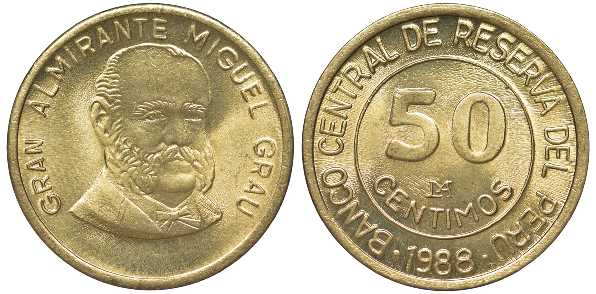 Перу 50 сентимо 1988 Мигель Грау Семинарио KM 295 латунь aUNC 4605-415