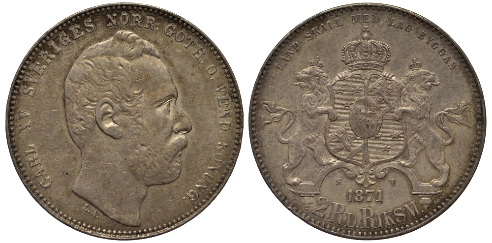 Швеция 2 риксдалера риксминт 1871 Карл XV (1859-1872), малые цифры даты, большая голова KM 714, Ahlstroem 27a серебро 10-005-16