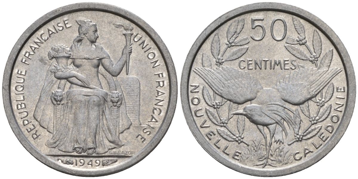 Французская Новая Каледония 50 сантимов 1949 птица кагу, заморские территории KM 1 алюминий 4154-132