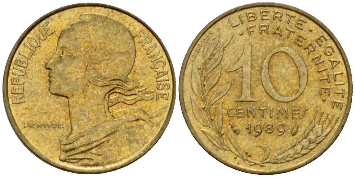 Франция 10 сантимов 1989 тип Marianne KM 929, le Franc 144.29 алюминиевая бронза 4390-113