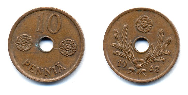 ФИНЛЯНДИЯ 10 ПЕННИ 1942 KM 33.1 медь 51-4962