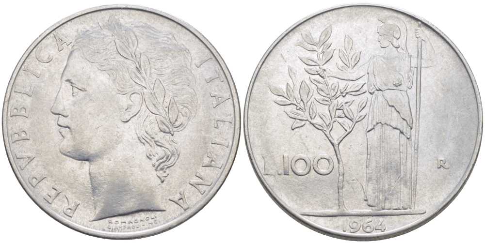 ИТАЛИЯ 100 ЛИР 1964 R, АФИНА KM 96.1 нержавеющая сталь 109-1015
