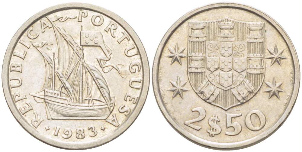Португалия 2,5 эскудо 1983 парусник KM 590 медно-никель 4523-1115