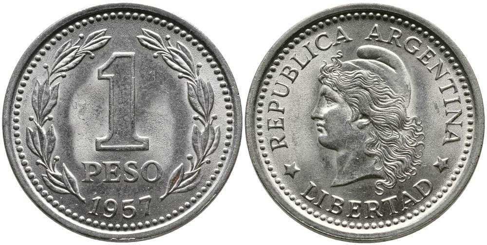 Аргентина 1 песо 1957 голова свободы влево KM 57 сталь плакированная никелем 4525-856