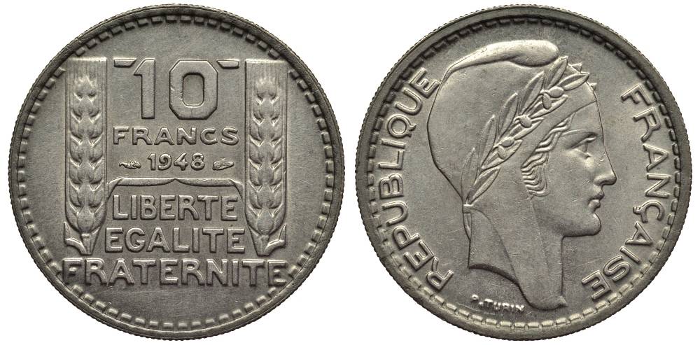 Франция 10 франков 1948 тип Пьер Турин KM 909.1, Le Franc 362.3 медно-никель 27-826
