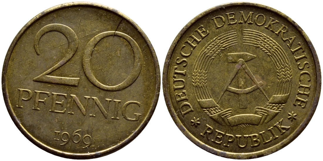 ГДР 20 пфеннигов 1969 А, первый год KM 11 латунь UNC 4398-1035