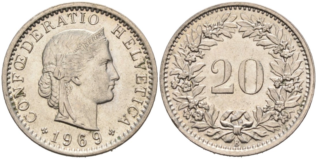 Швейцария 20 раппенов 1969 В KM 29а медно-никель 4566-1222