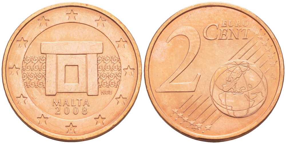Мальта 2 евроцента 2008 KM 126 сталь плакированная медью UNC 3458-164