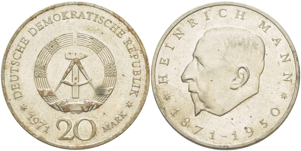 ГДР 20 марок 1971 А, 100 лет со дня рождения Генриха Манна (1871-1950) KM 33, J. 1531 медно-никель 4521-613