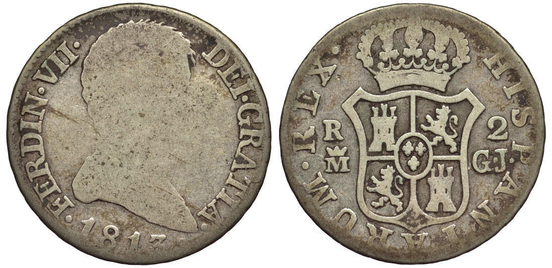 ИСПАНИЯ 2 РЕАЛА 1813 M GJ KM 474.3 серебро 1522-115