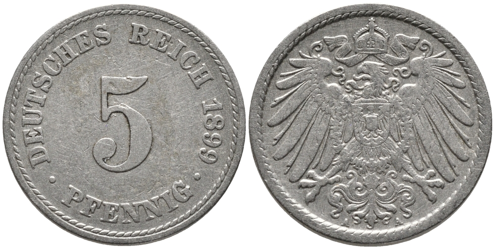 ГЕРМАНИЯ 5 ПФЕННИГОВ 1899 А, KM 11, J. 12 медно-никель 96-621