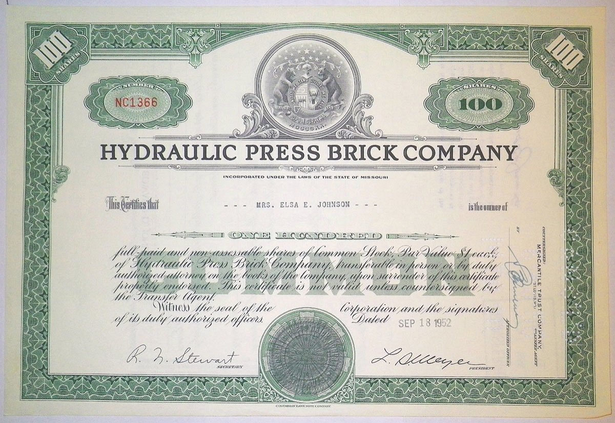 США, Hydraulic-Press Brick Company 100 акций 1952 бумага 8805-52-1