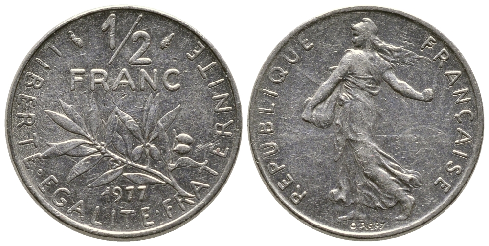 Франция 1/2 франка 1977 сеятель KM 931.1, Le Franc 198.16 никель 3458-167