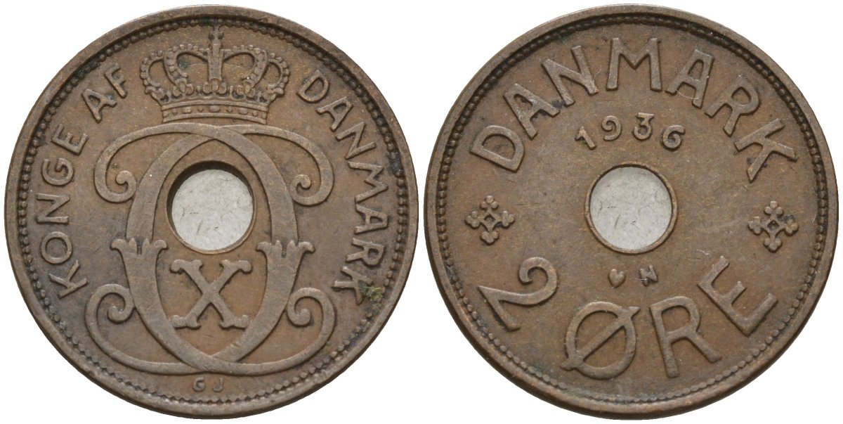 Дания 2 эре 1936 Кристиан X (1912-1947) KM 827 бронза 4147-519