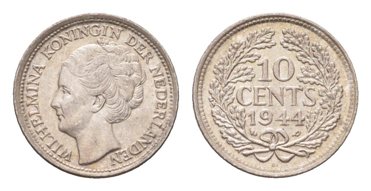 Нидерланды 10 центов 1944 Вильгельмина (1890-1948) KM 163 серебро aUNC 4669-1213