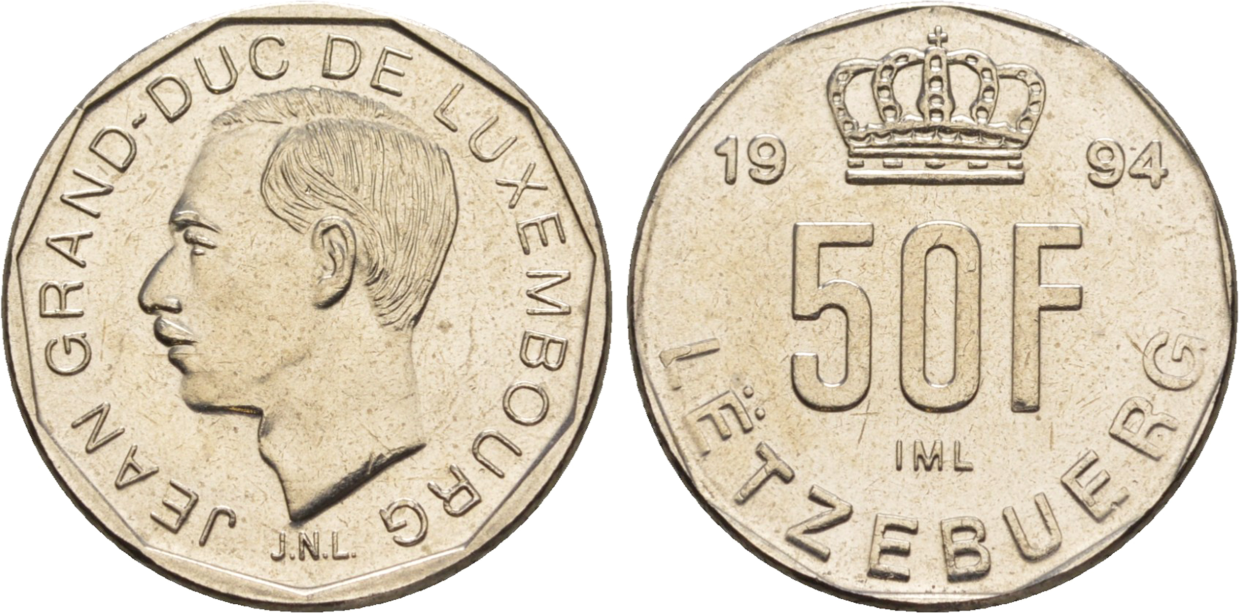 Люксембург 50 франков 1994 Великий герцог Жан (1964-2000), тираж 10.000 экземпляров KM 66 никель  BU  4635-1213