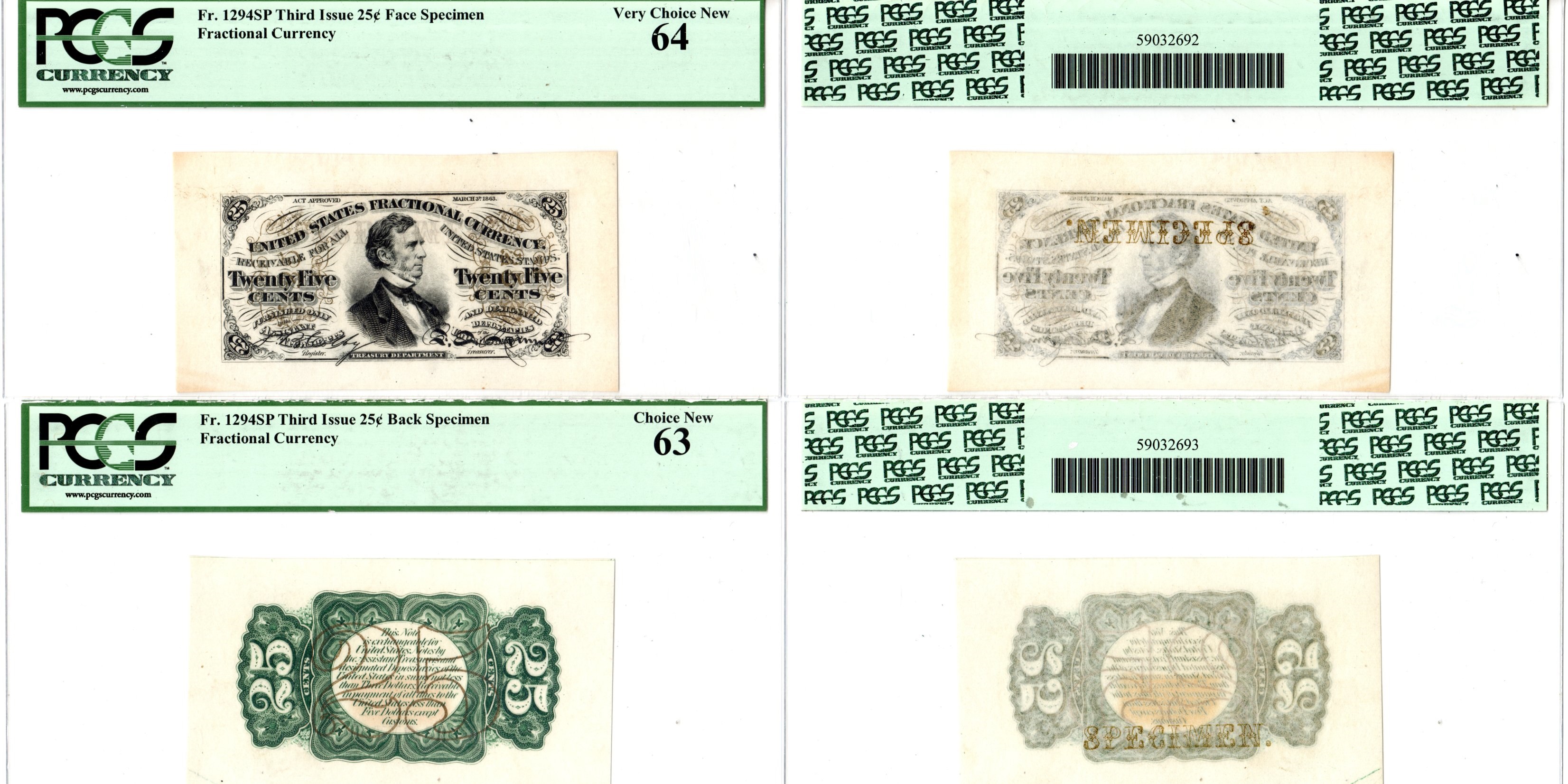 США, Fractional Currency 25 центов ND (1863) Образец из двух половин - Specimen. Третий выпуск. В холдерах компании PCGS Currency. Сохранность аверса - «64». Сохранность реверса - «63». Уильям Питт Фессенден Friedberg № 1294-SP. Pick 109	бумага 452-3-62