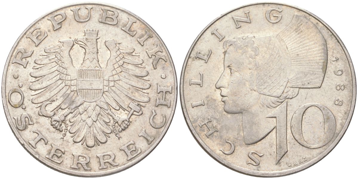 Австрия 10 шиллингов 1988 KM 2918 медно-никель 4142-1223