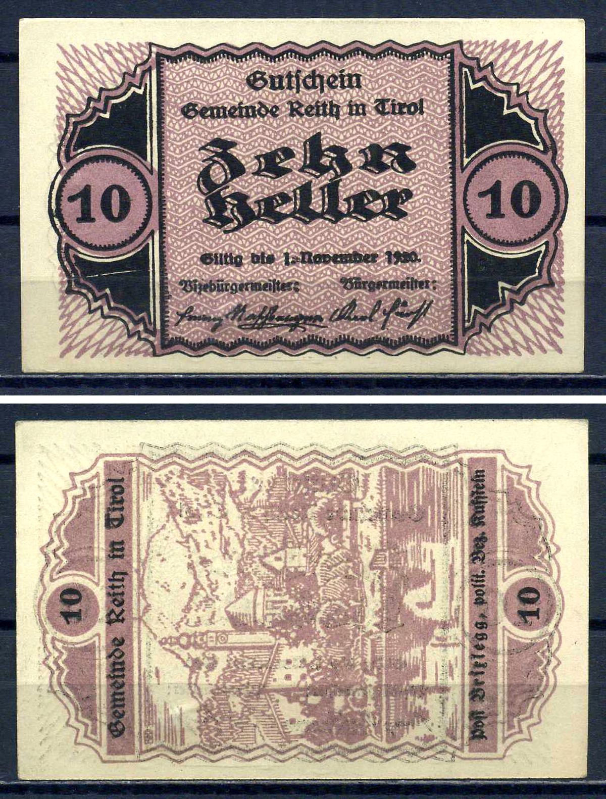 Райт (Тироль) 10 геллеров 1920 Jaksc/Pick?JPR0831a-10 бумага aUNC 7556-25-4-1