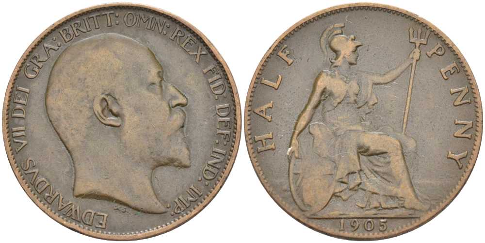 Великобритания 1/2 пенни 1905 Эдуард VII (1901-1910) KM 793.2, Spink 3991 бронза 117-951
