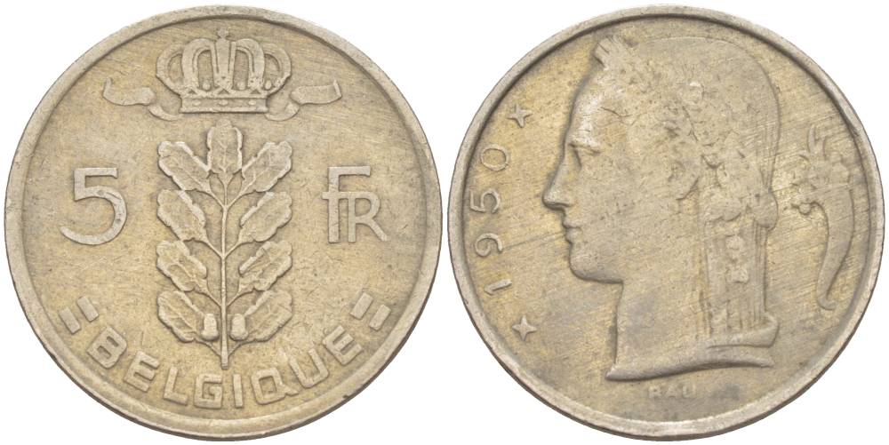 БЕЛЬГИЯ 5 ФРАНКОВ 1950 BELGIQUE, БОДУЭН I (1951-1993) KM 134.1 медно-никель 4546-316