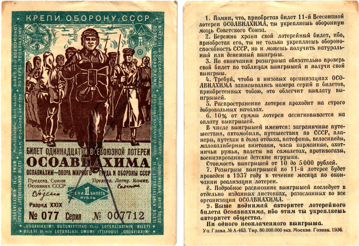 СССР 1 рубль 1936 Одиннадцатая всесоюзная лотерея Осоавиахима 2196-10-1-2