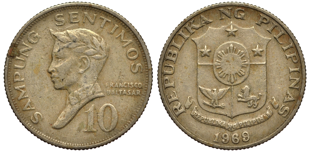 ФИЛИППИНЫ 10 СЕНТИМО 1969 ПОЭТ ФРАНСИСКО БАЛЬТАСАР KM 198 медь цинк никель VG 4181-242