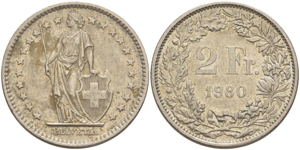 Швейцария 2 франка 1980 KM 21а.1 медно-никель 4542-522