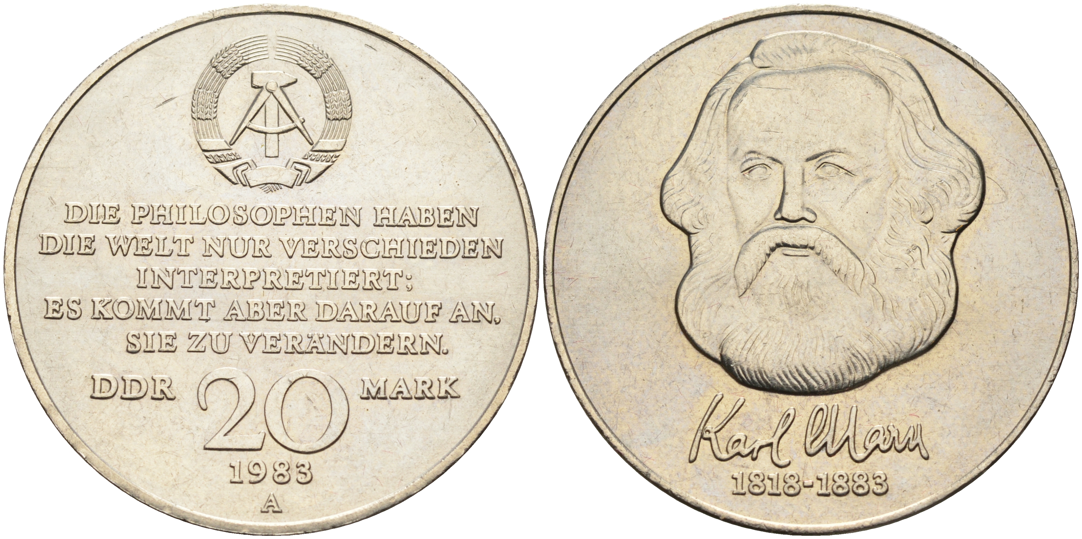 ГДР 20 марок 1983 А, 100 лет со дня смерти Карла Маркса (1818-1883) J. 1592, KM 95 медь никель цинк UNC 02-230-51