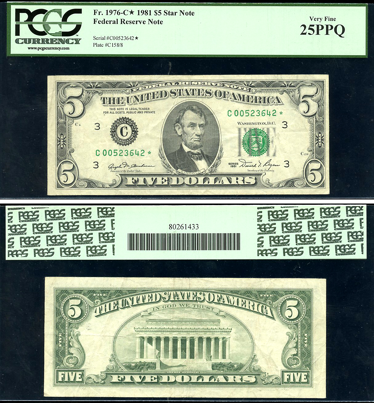 США 5 долларов 1981 C (Филадельфия), замещенная серия, в слабе PCGS 25 PPQ Very Fine Pick 469 a, Fr. 1976  бумага   452-3-47