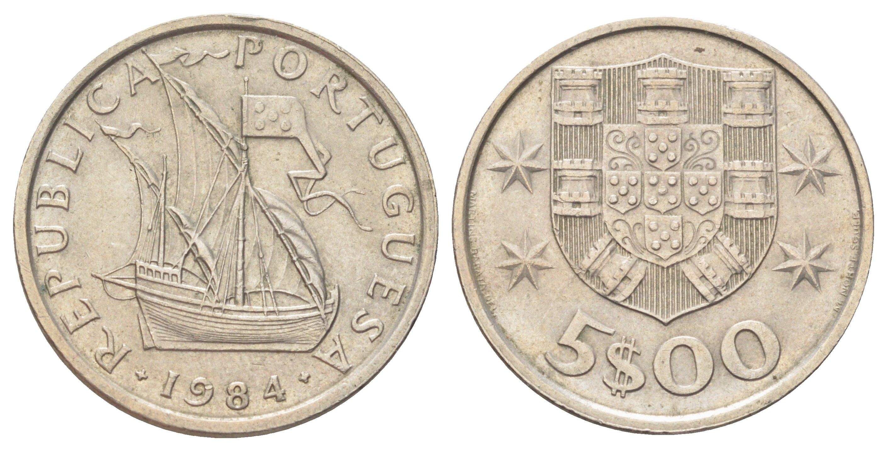 Португалия 5 эскудо 1984 парусник KM 591 медно-никель 3336-724